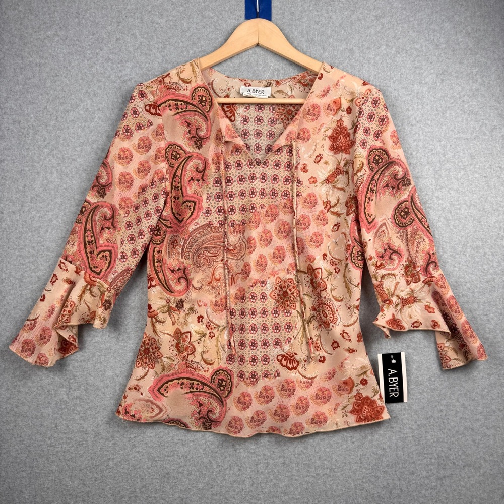 Vintage A Byer Top Womens XL Pink Paisley Ruffle Bell Sleeve Y2K Boho Fairy NEW